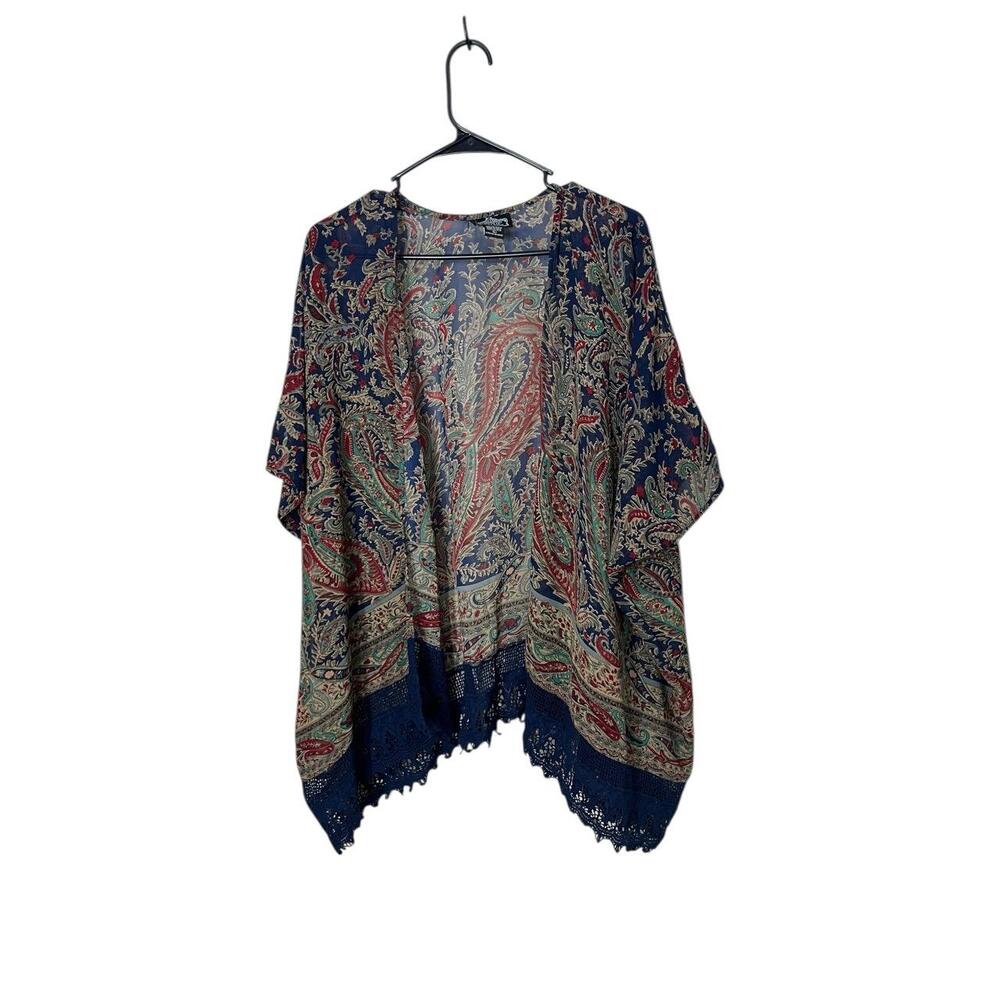 Angie Blue Beige Red Paisley Print Lace Trim Open Front Kimono Cardigan Womens L